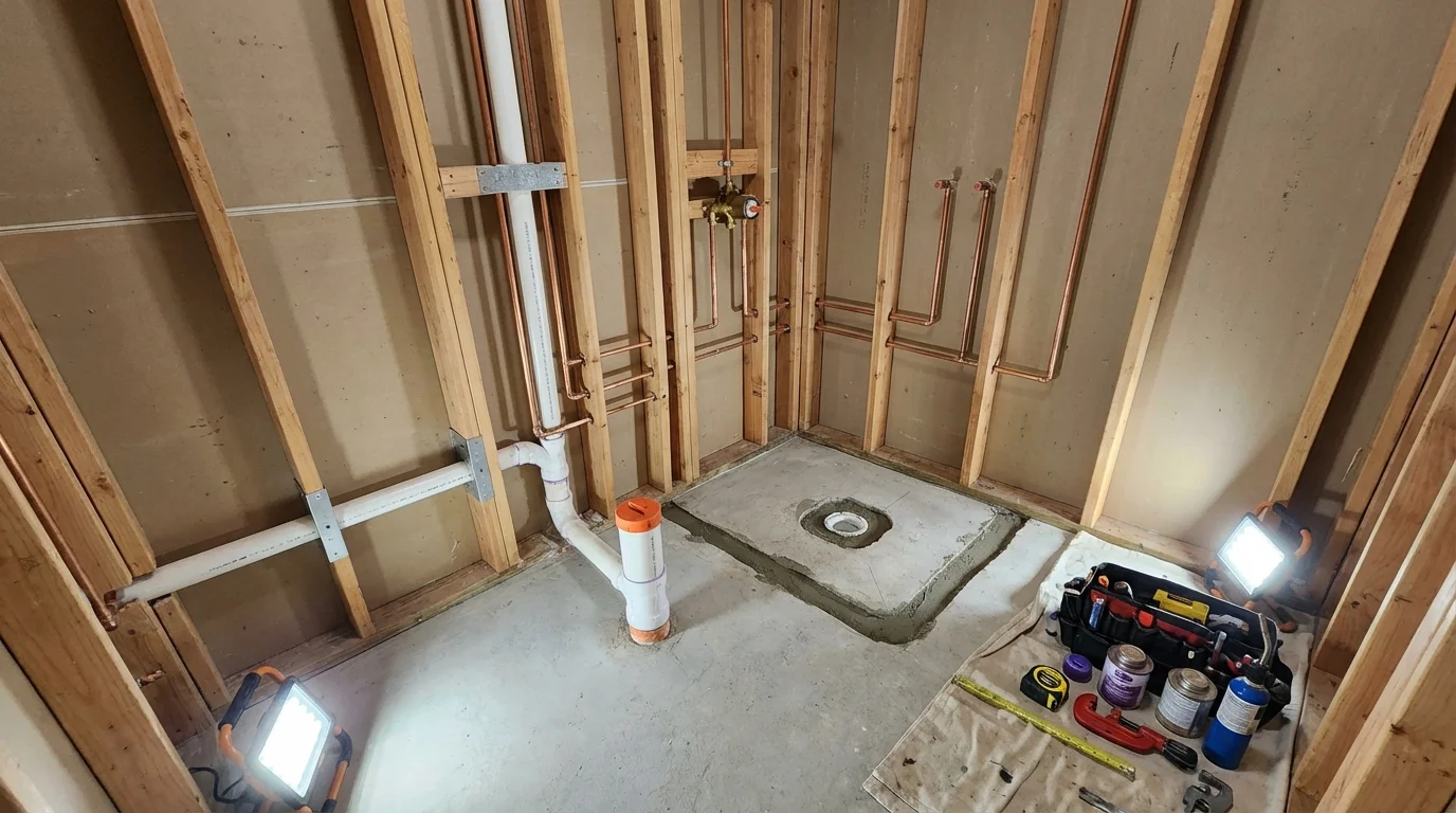 Bathroom rough-in plumbing during remodel by Johns Plumbing LLC in Hackleburg