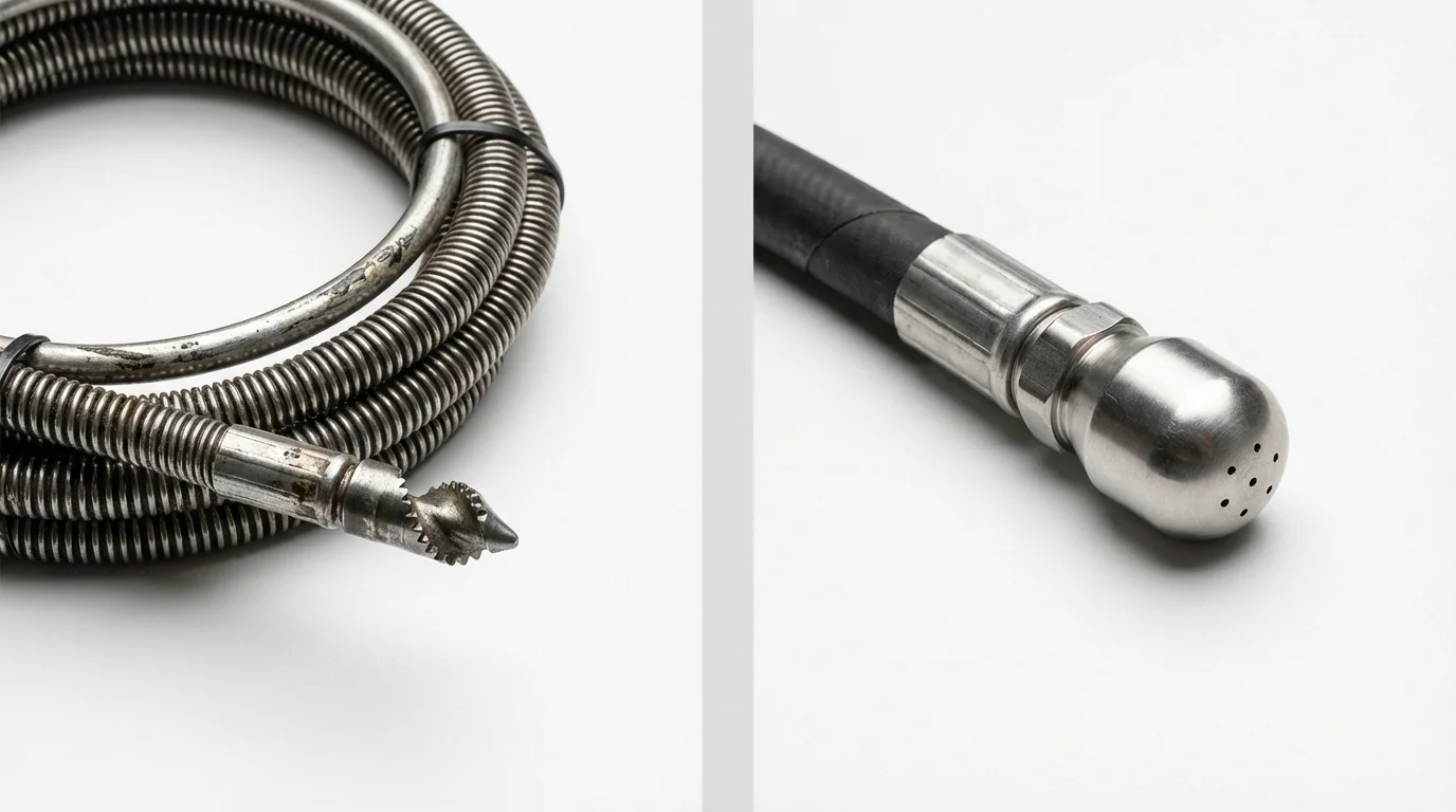 Drain snake cable and hydro jetting nozzle used for drain cleaning in Hackleburg, AL