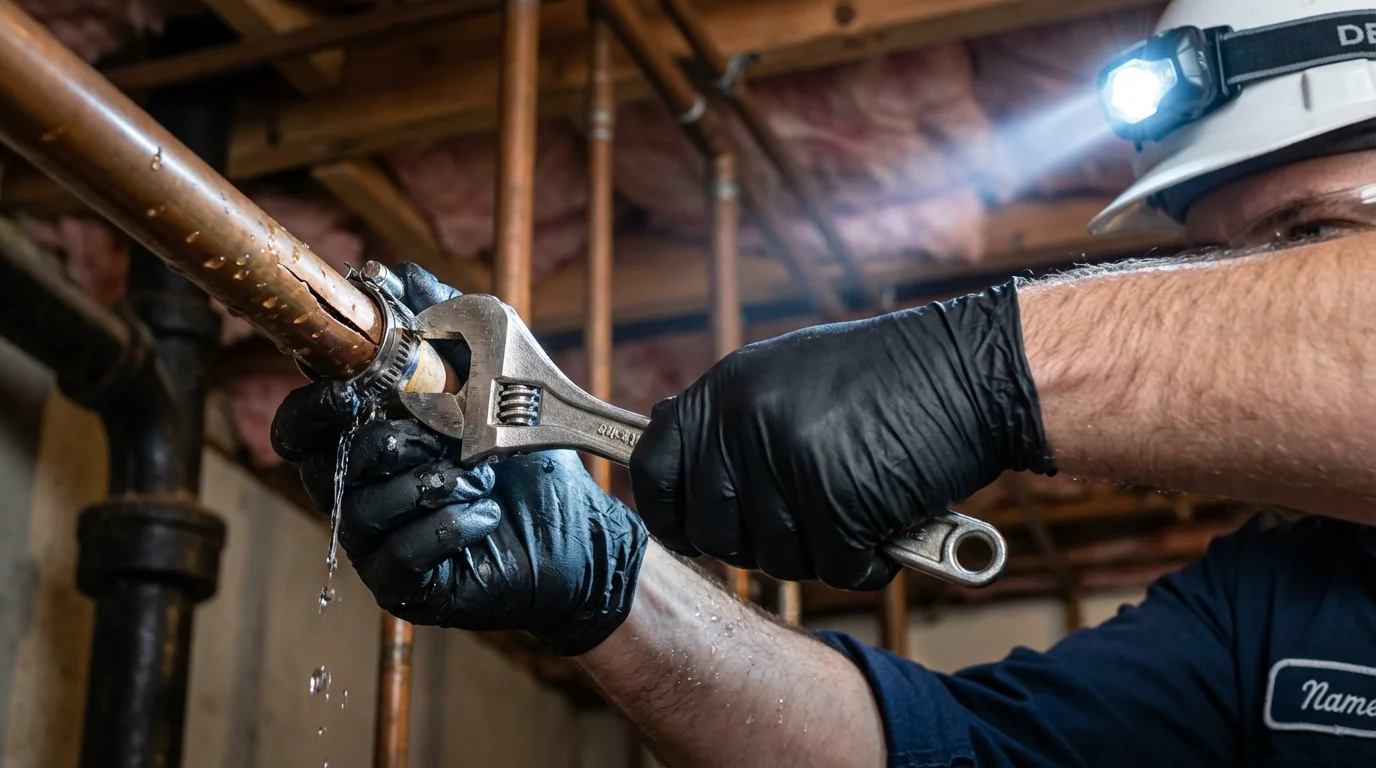Emergency pipe clamp repair being performed by a Johns Plumbing LLC plumber in Hackleburg