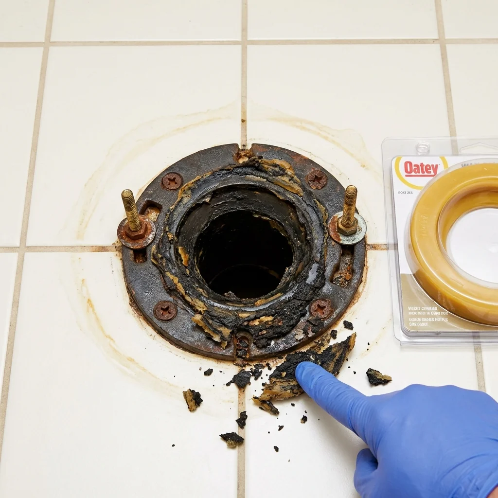 Failed wax ring showing water seepage at the base of a toilet in a Hackleburg, AL home