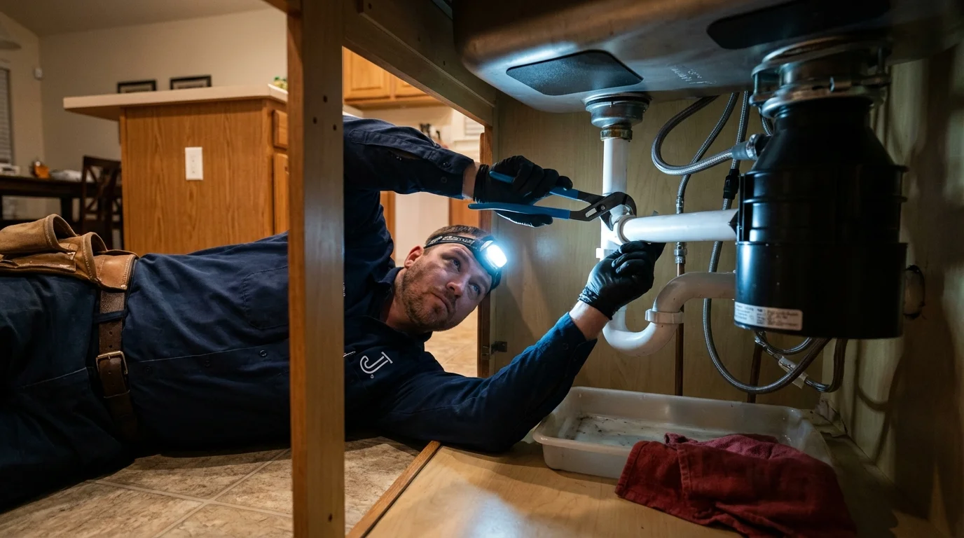 P-trap and supply line connections under a kitchen sink showing a common leak point in Hackleburg, AL